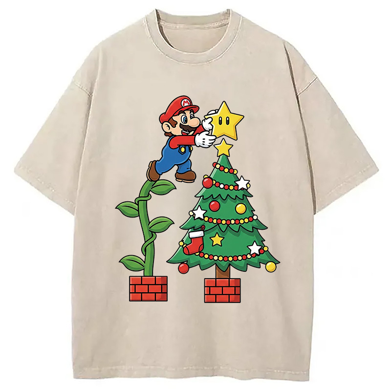 Super Mario Christmas Washed T-Shirt Cool Urban Street Style Shirt Gifts For Best Friend Super Mario Christmas Washed T-Shirt Cool Urban Street Style Shirt Gifts For Best Friend