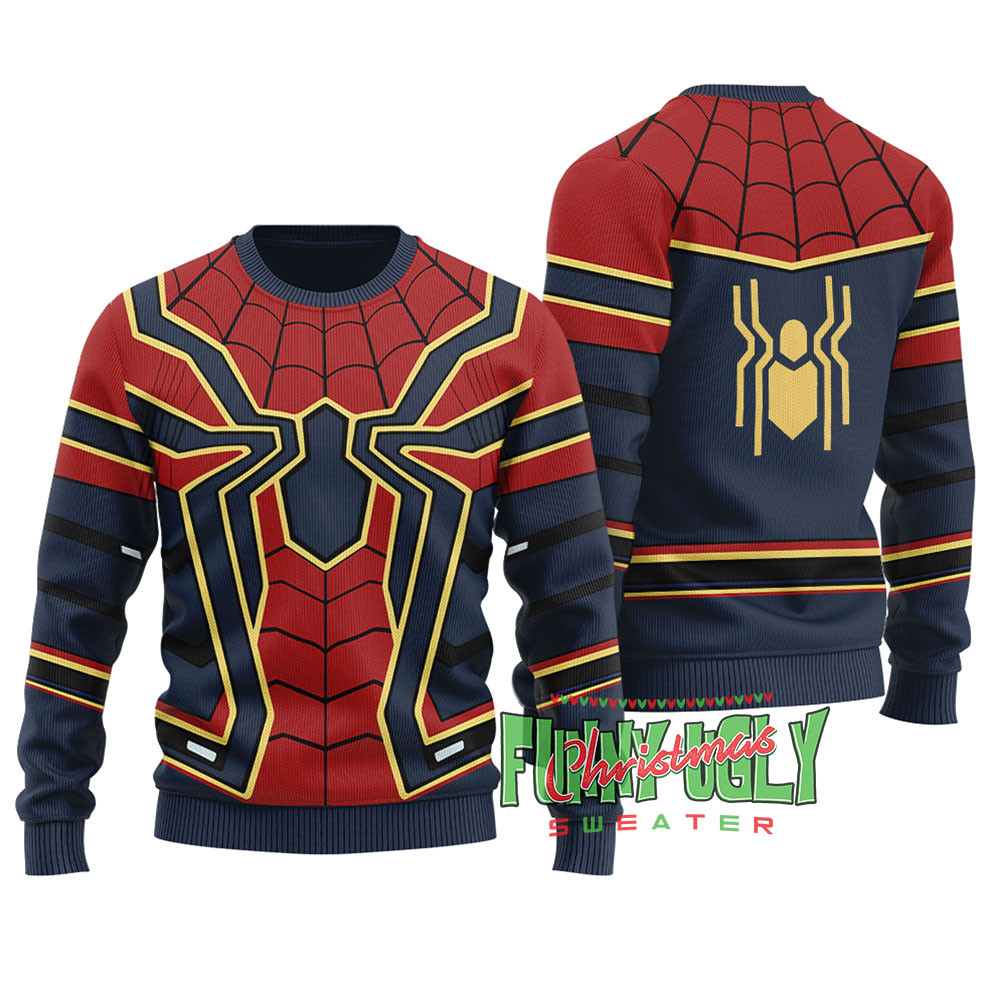 Superhero Costume Spiderman Ugly Christmas Sweater Navy Funny Holiday Sweater for Family Gatherings