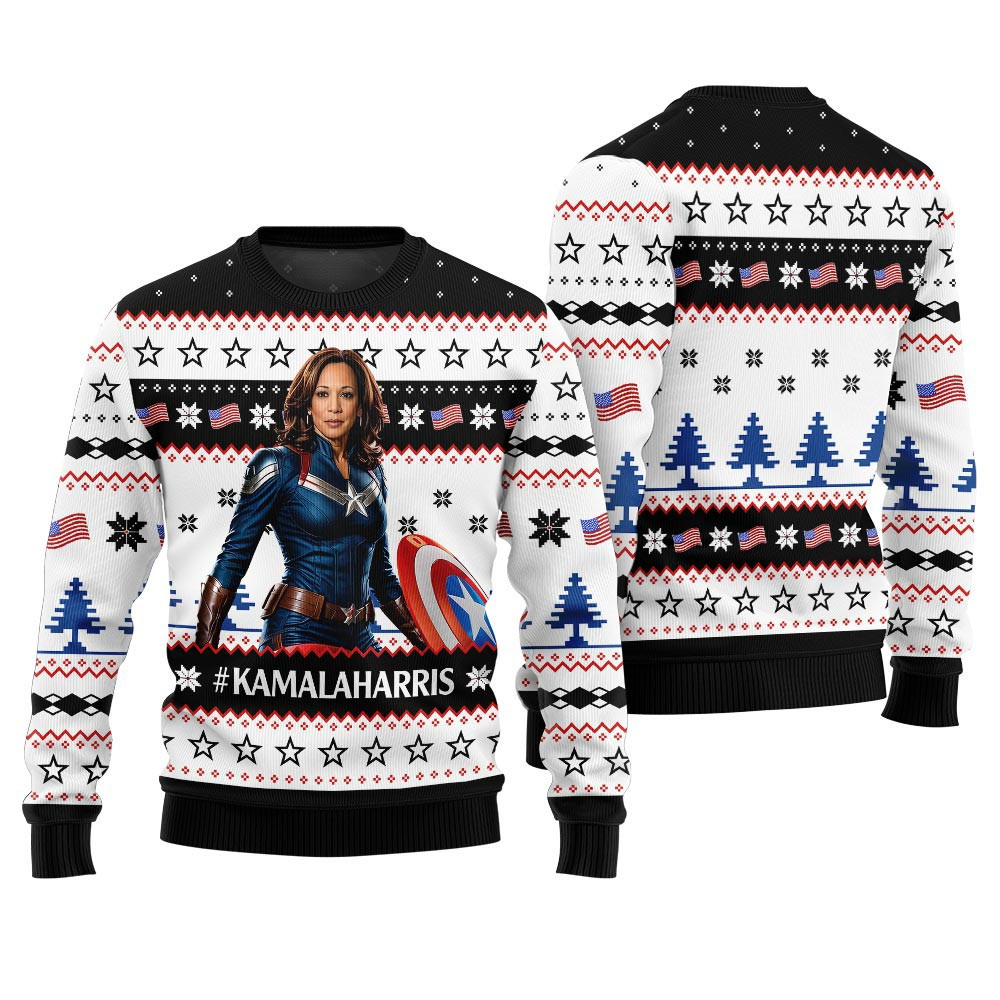 Superhero Kamala Harris Ugly Xmas Sweater Black Special Merch Gift Idea for Festive Celebrations