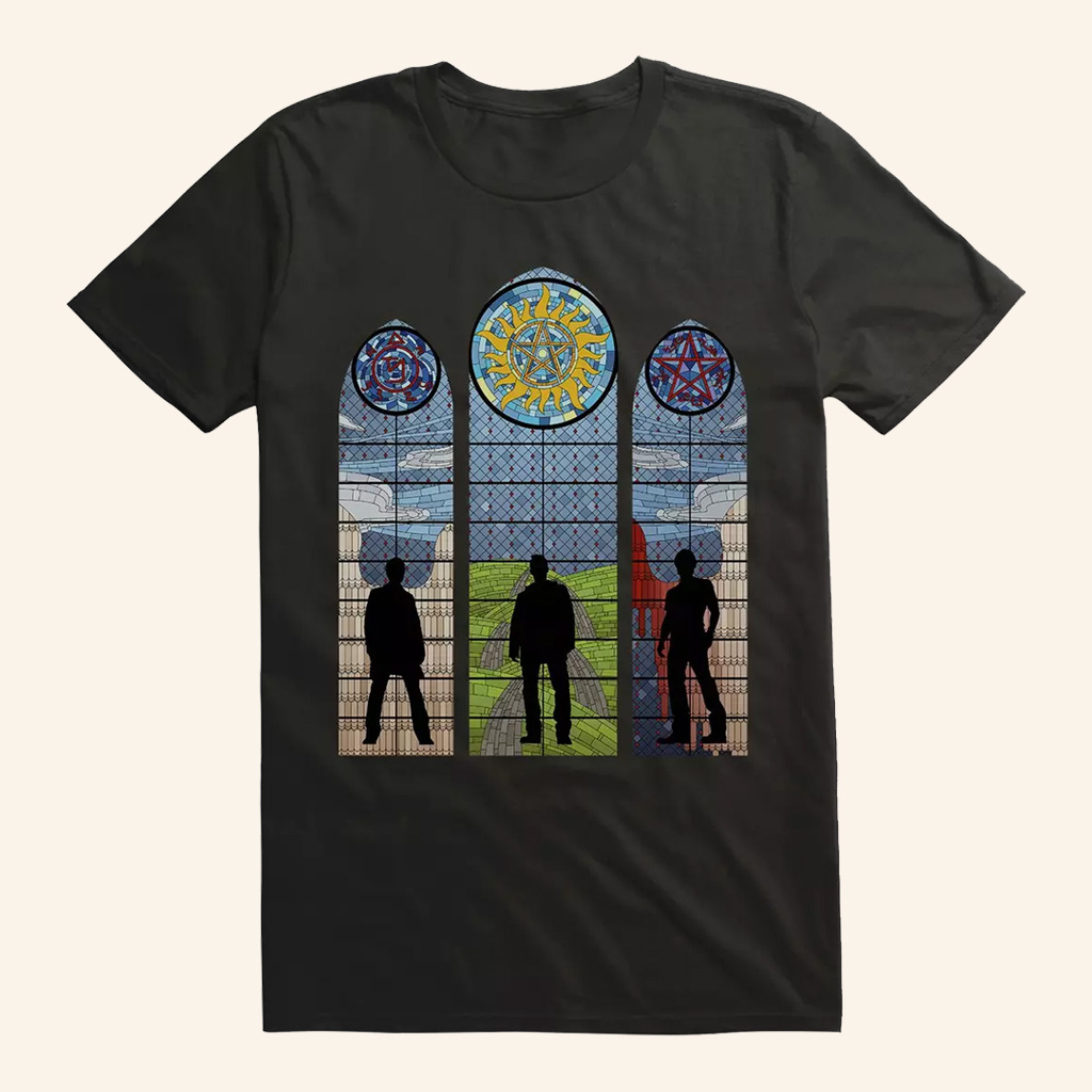 Supernatural Merch Stained Glass Sam Dean And Castiel T-Shirt Best Gifts For Fans