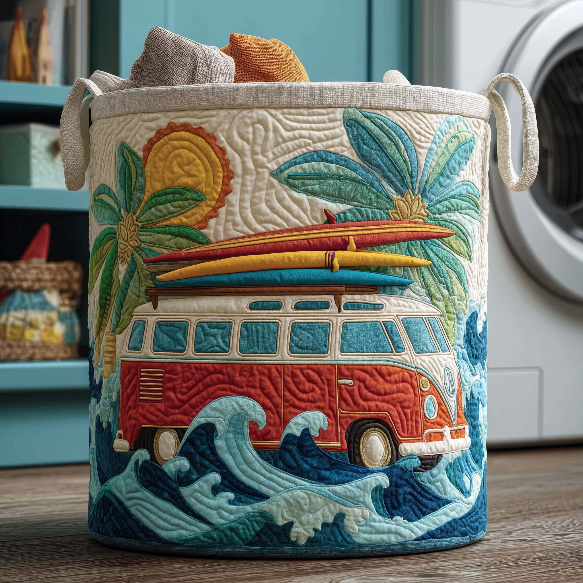 Surf Van Beach Ocean Quilted Laundry Basket Coastal Surf Life Home Decor Best Gift For Beach Lovers