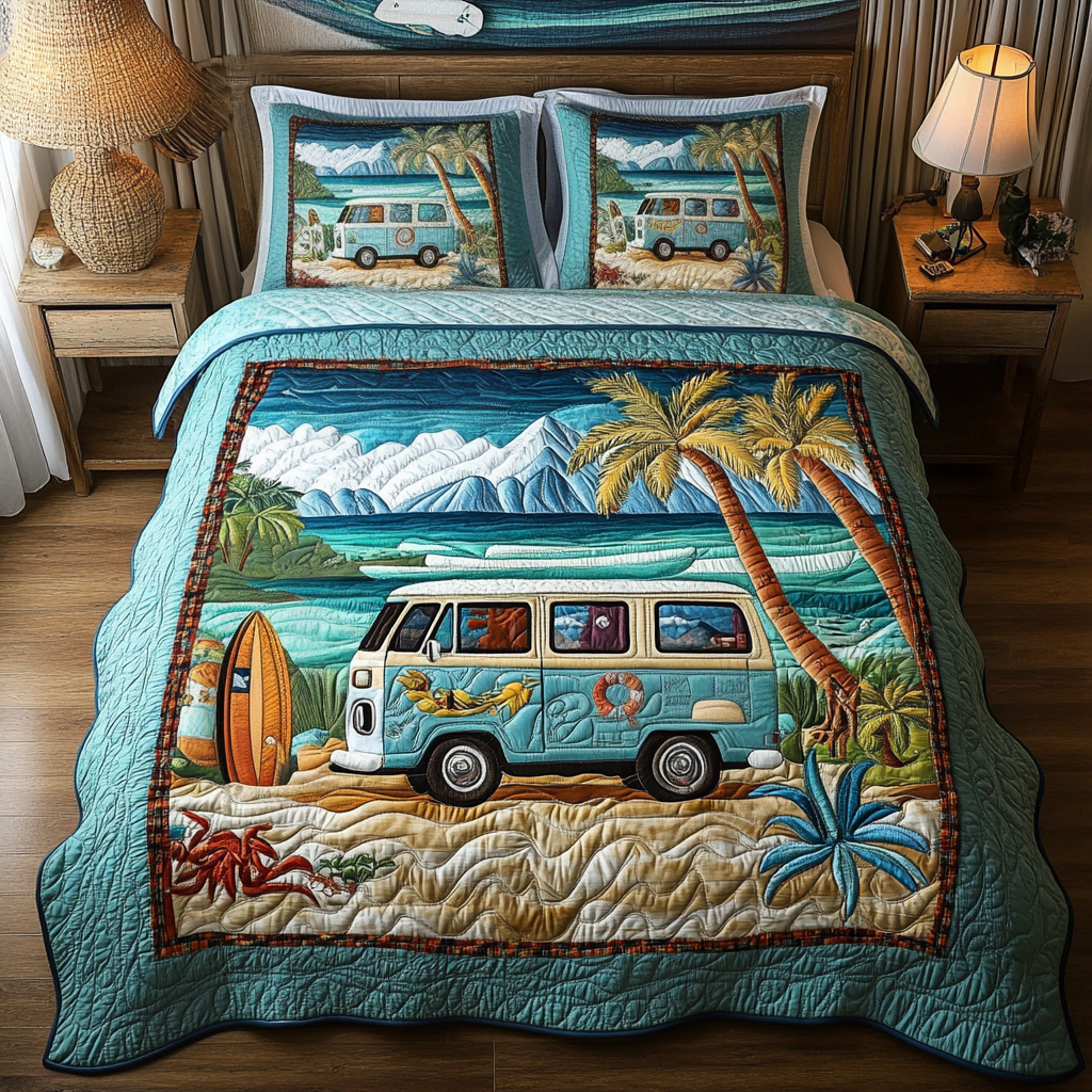 Surf Van Vibes Quilted Bedding Set Best Bedspread Set Gift For Beach Lover