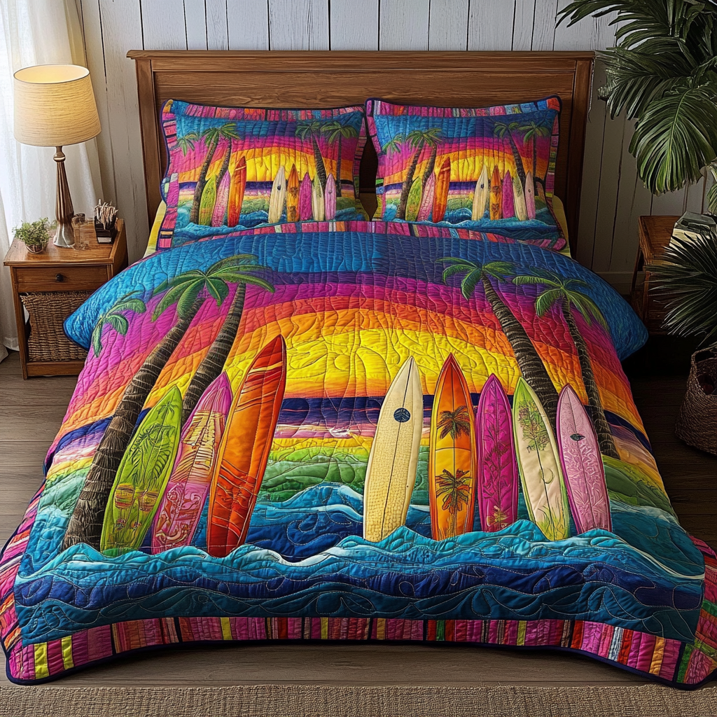 Surfboard Sunset Quilted Bedding Set Bedroom Decor Ideas Beach Lover Christmas Gifts