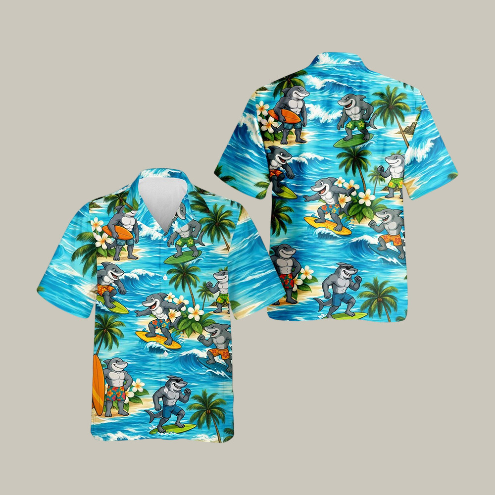 Surfing Shark Hawaiian Shirt Summer Holiday Aloha Beach Party Shirt Best Gift For Him