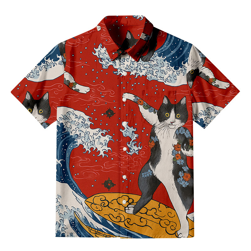 Surfing Tattooed Cat Button Up Shirt Japanese Art Shirt Unique Gifts For Cat Owners