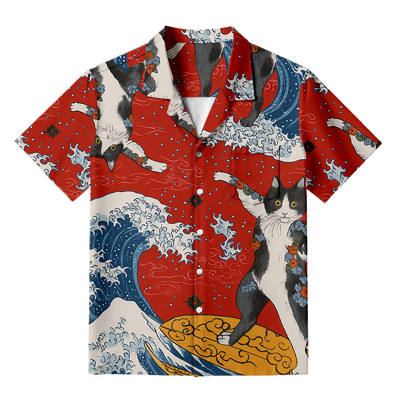 Surfing Tattooed Cat Hawaiian Shirt The Great Waves Art Japanese Art Clothing Cat Gift Ideas