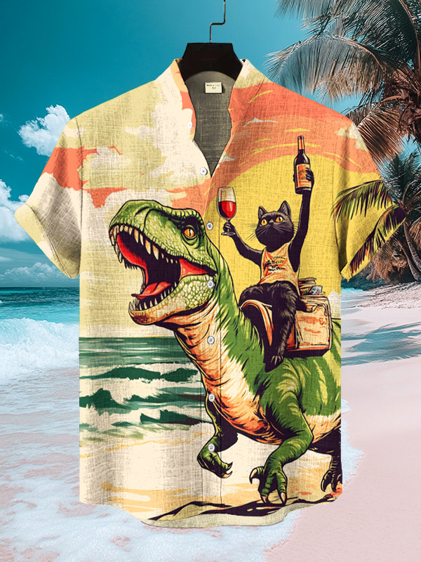 Surreal Art Dinosaur And Black Cat Hawaiian Shirt Shirt Gift Ideas For Husband