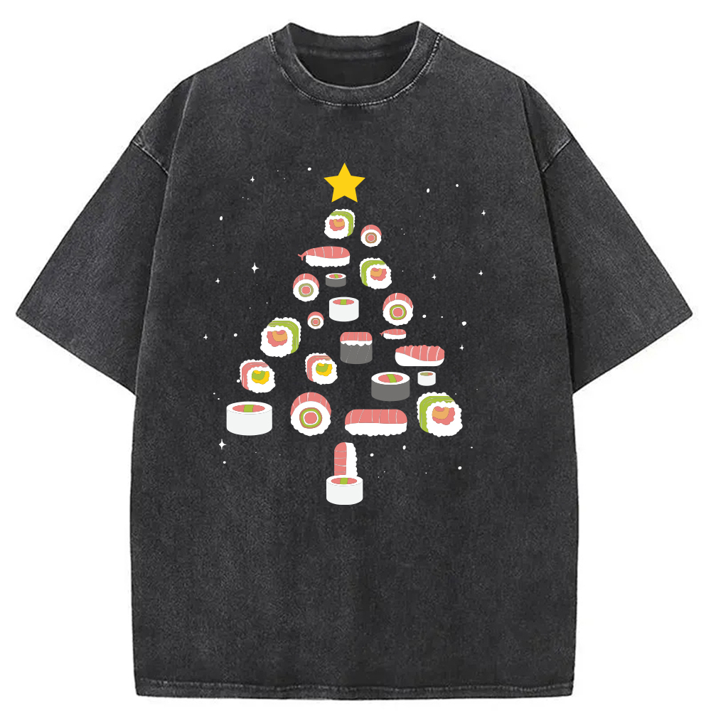 Sushi Christmas Tree Washed T-Shirt Soft Comfortable Daily T Shirt Gifts For Him