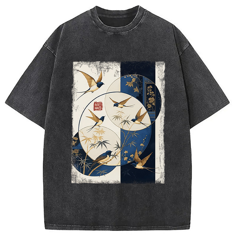 Swallows Among The Bamboo Washed T-Shirt Soft Comfortable Daily T Shirt Gifts For Best Friend