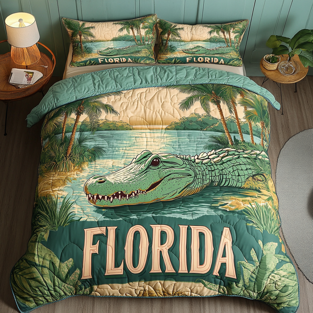 Swamp King Quilted Bedding Set Cool Bedroom Decor Crocodile Gifts Items