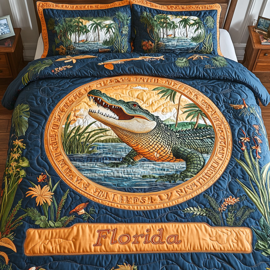Swamp Serenity Quilted Bedding Set Cute Bedroom Decor Crocodile Themed Gifts