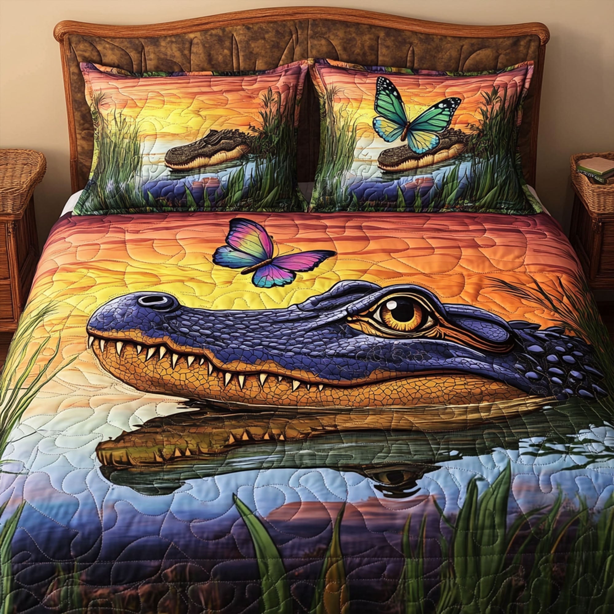 Swamp Shadows Quilted Bedding Set Bed Decorations Alligator Themed Gifts