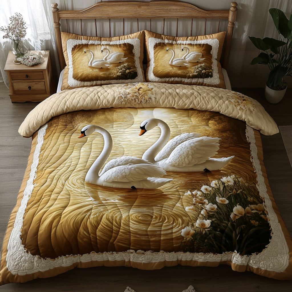 Swan Harmony Quilted Bedding Set Christmas Bedding Sets Swan Gift Items