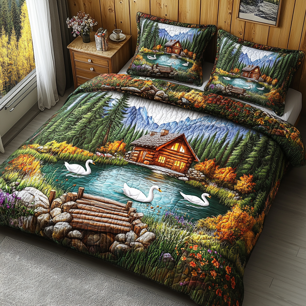 Swan Lake Escape Quilted Bedding Set Cool Bedroom Decor Christmas Gifts For Husband