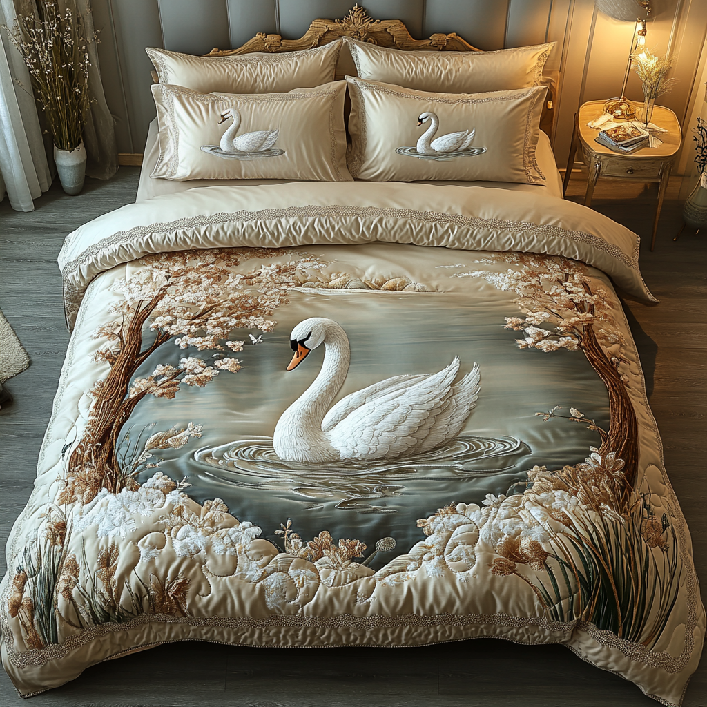Swan Serenity Quilted Bedding Set Christmas Bed Sheets Swan Gift Ideas For Him