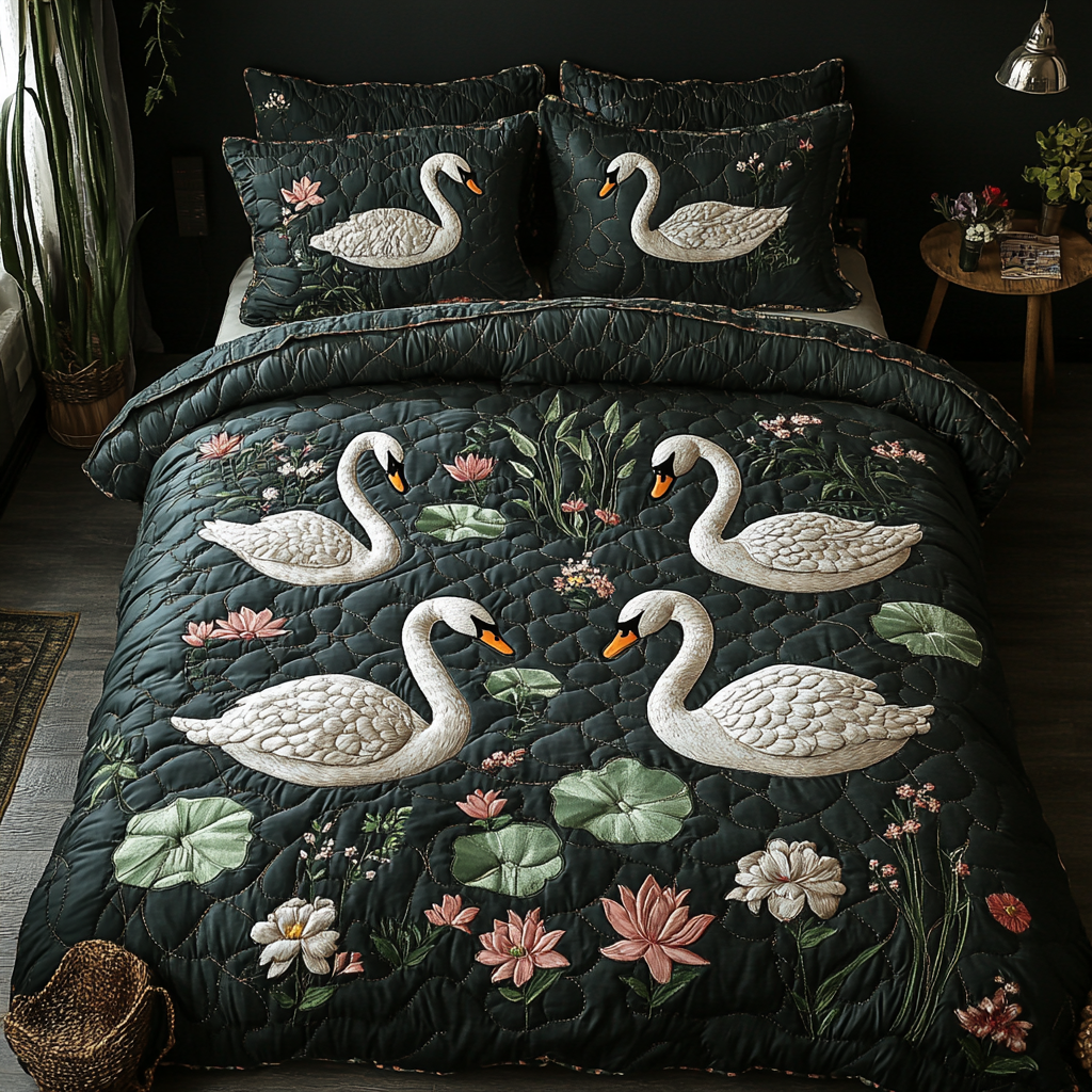 Swan Whisper Quilted Bedding Set Holiday Duvet Cover Set Swan Presents