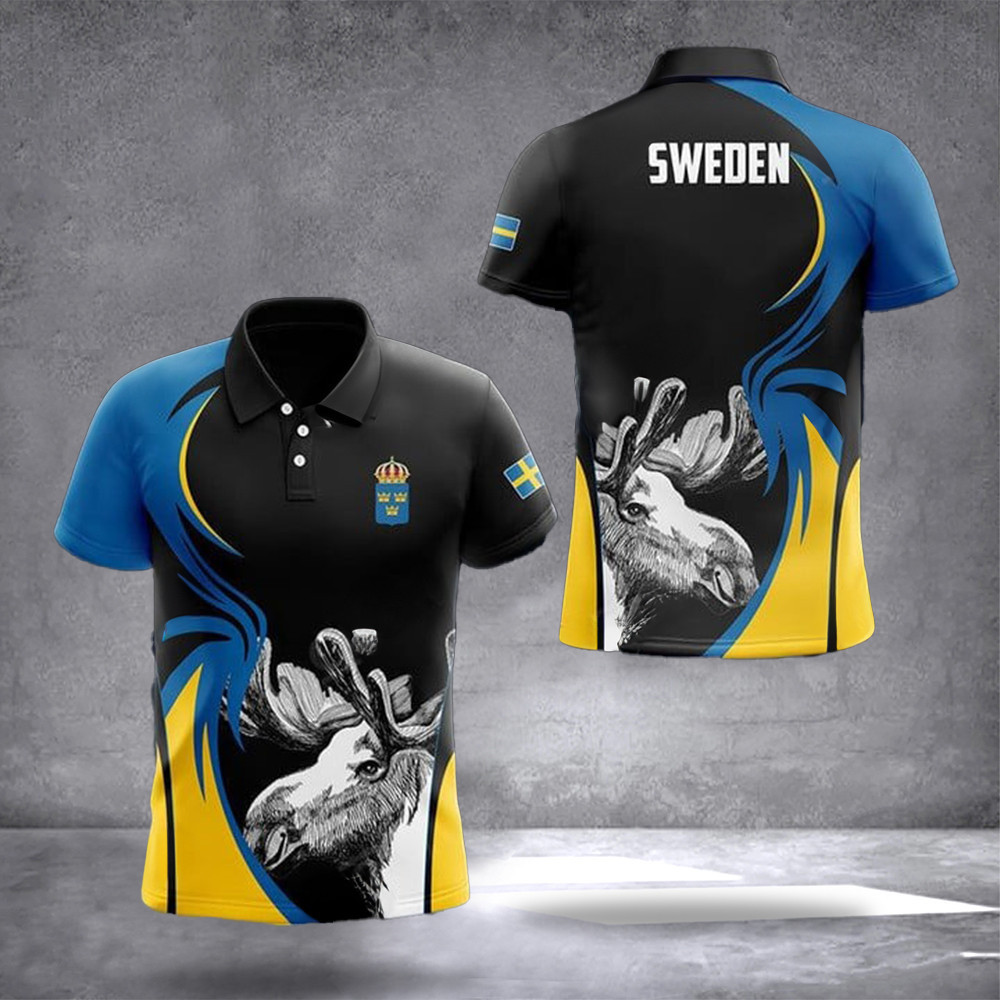 Sweden National Animal Polo Shirt Moose Swedish Flag Golf Shirt For Men