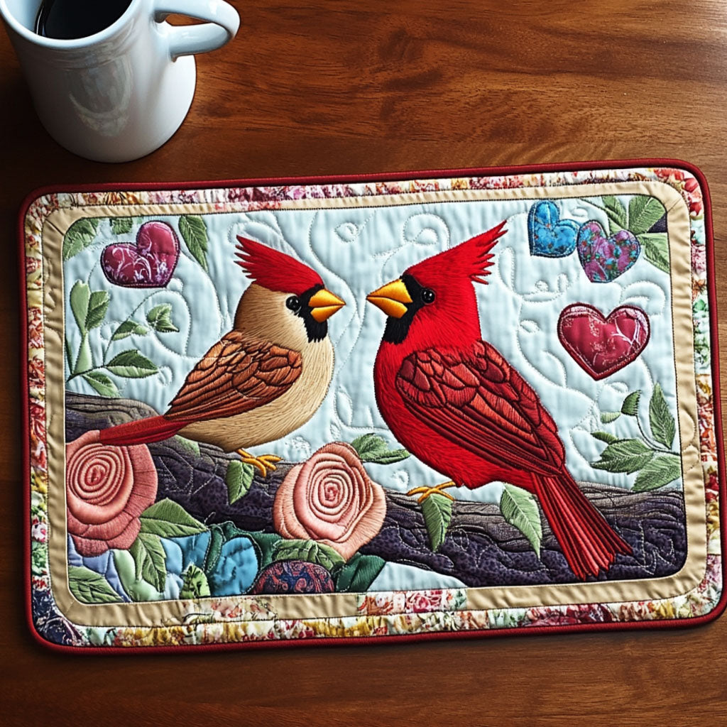 Sweet Cardinal Hearts Quilted Placemat Dining Room Decor Presents For Bird Watchers