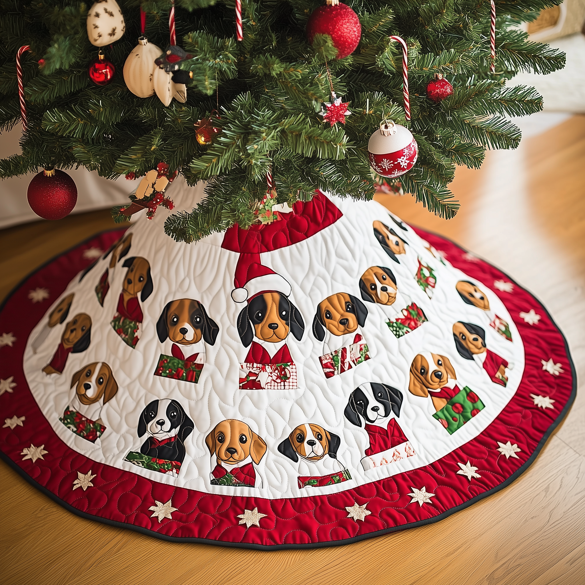 Sweet Dachshund Christmas Tree Skirt Quilted Santa Dog Design Holiday Decoration Gift