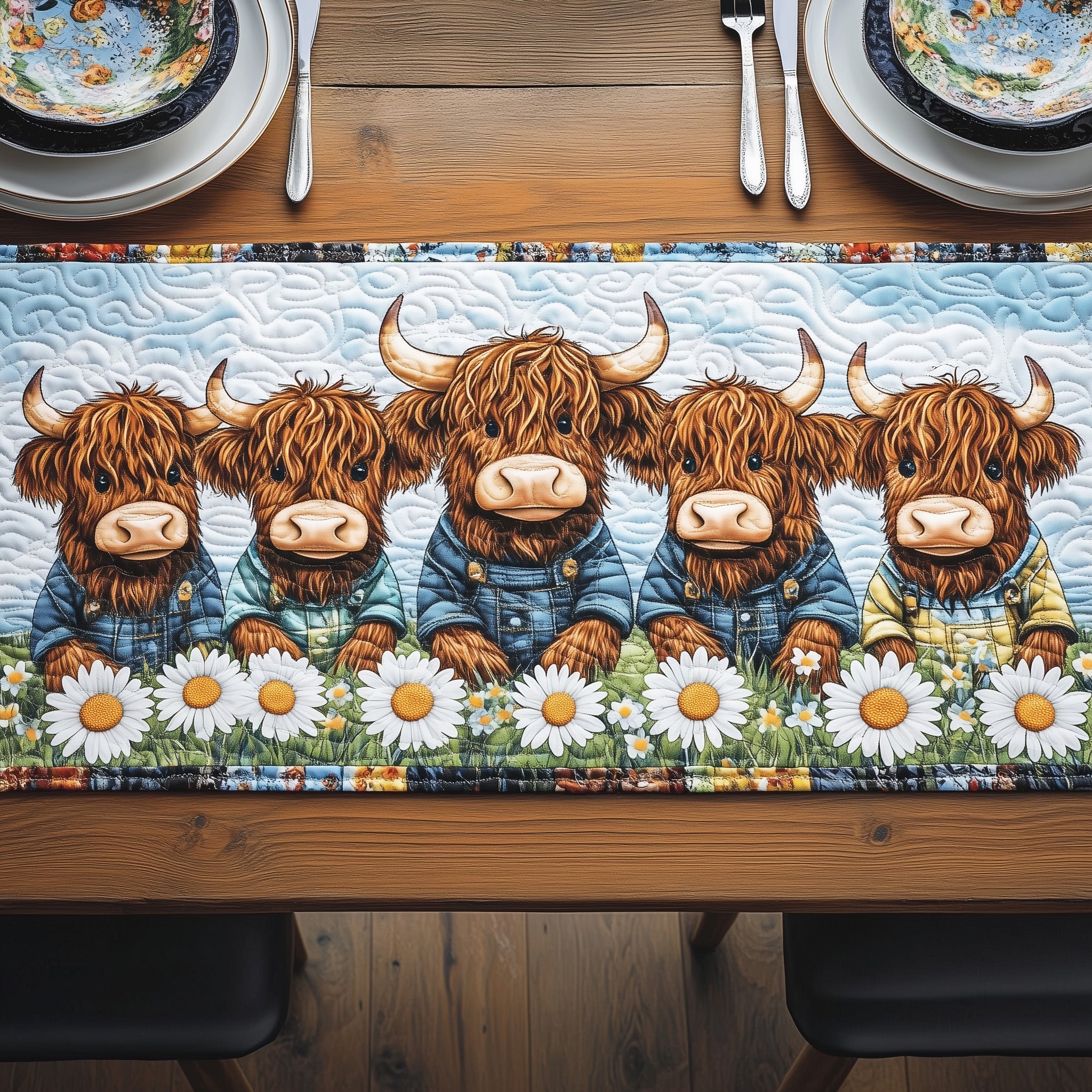 Sweet Highland Daisy Quilted Table Runner Holiday Table Runner for Kitchen Decor