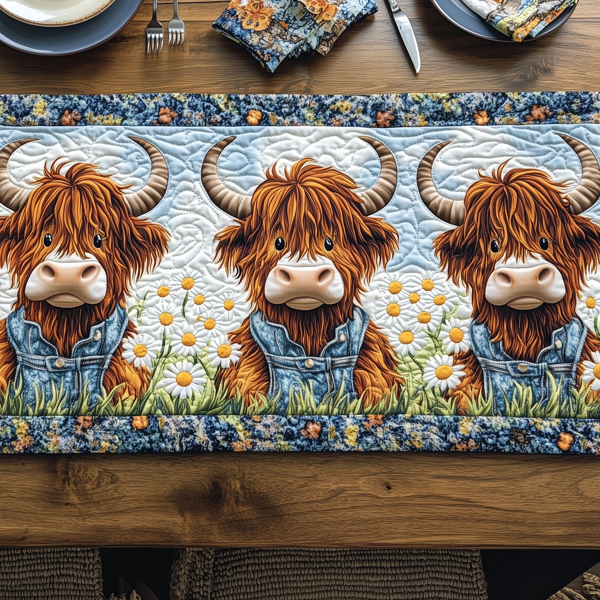 Sweet Highland Daisy Quilted Table Runner Table Runner Gift for Holiday Season