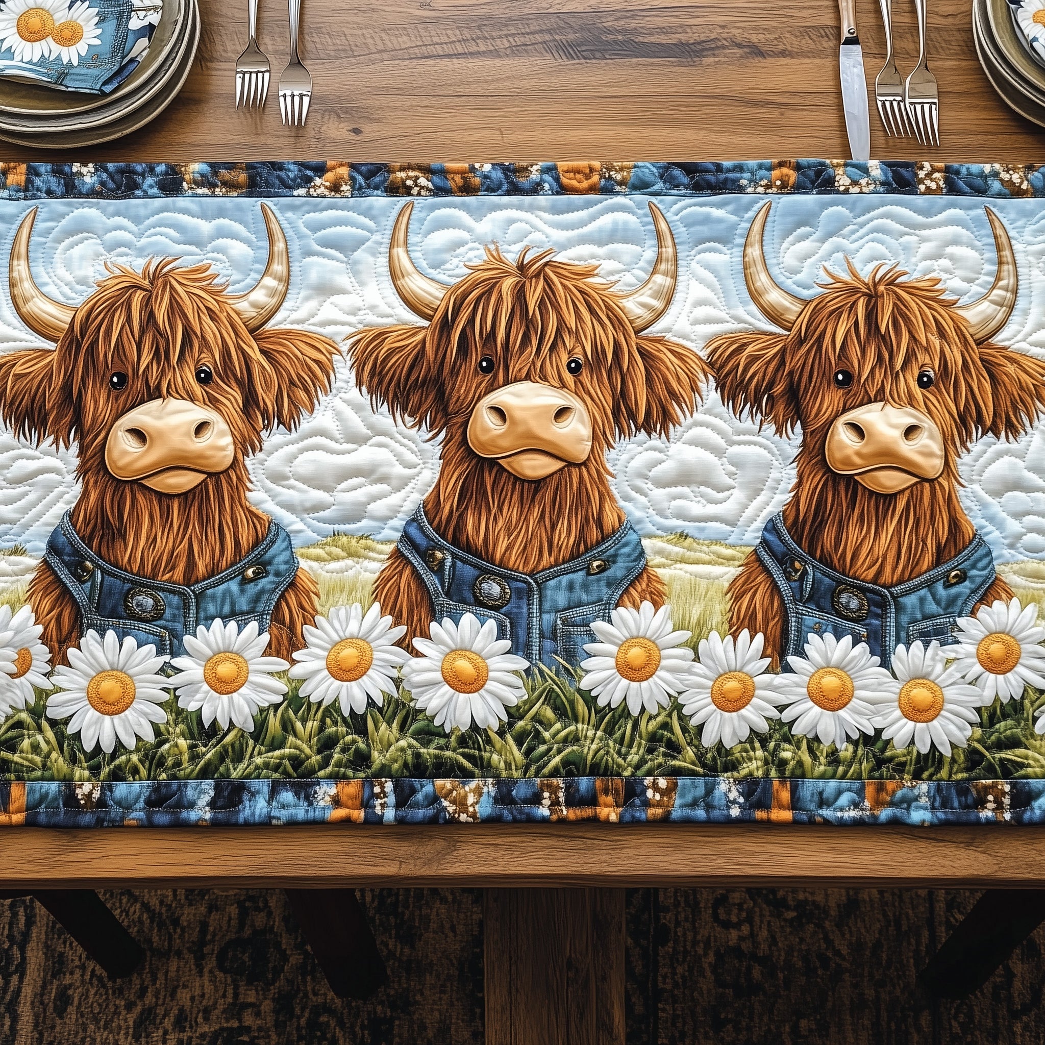 Sweet Highland Daisy Quilted Table Runner Winter Holiday Table Runner Decor