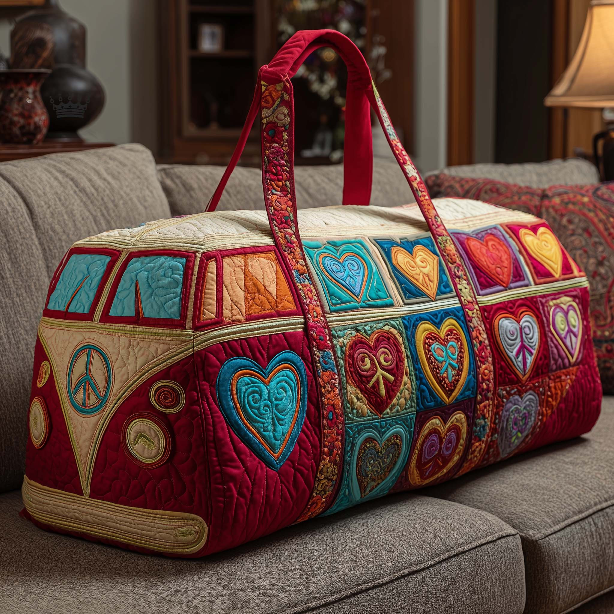 Sweet Journey Hippie Van Quilted Duffle Bag Boho Heart Peace Best Gift Ideas Women