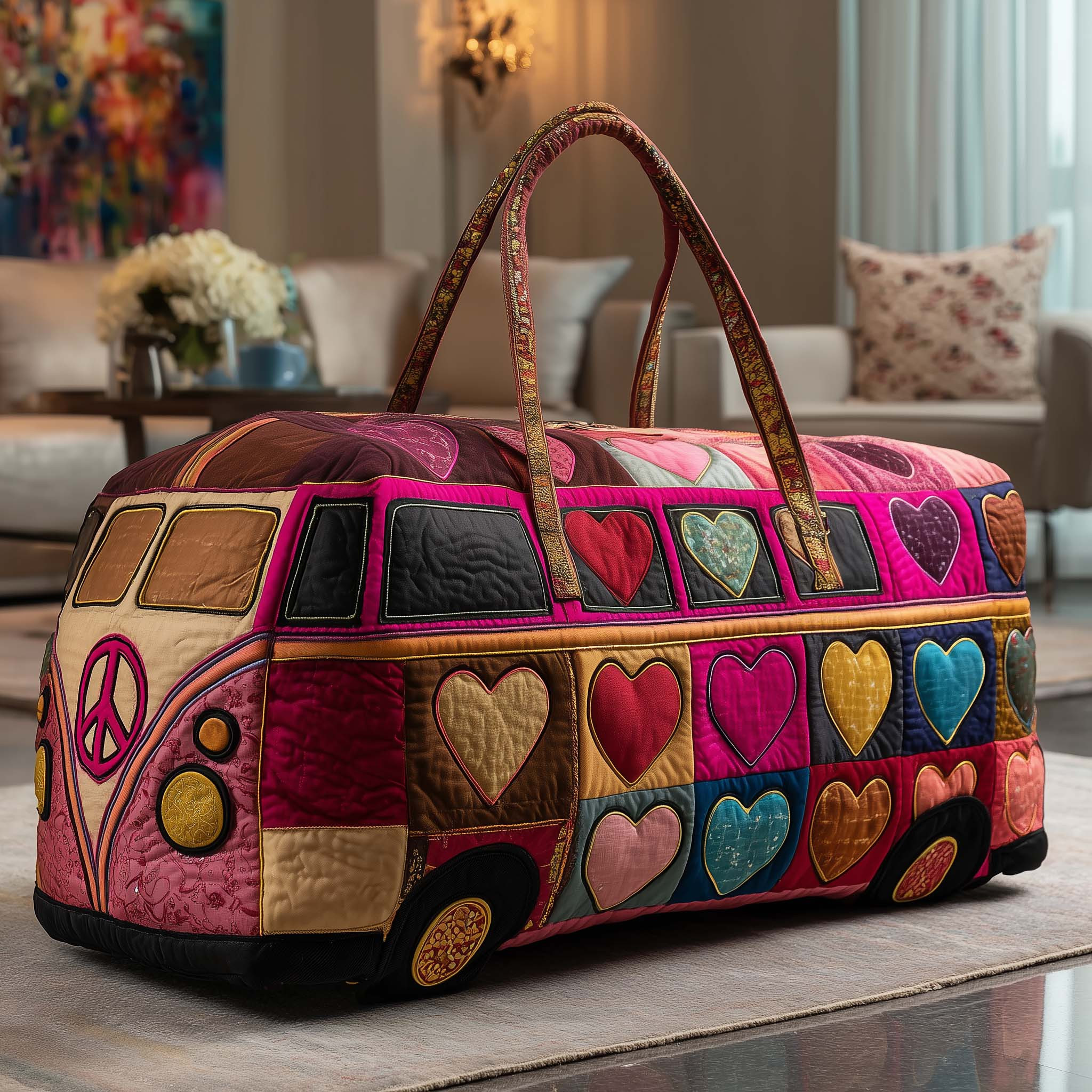 Sweet Journey Hippie Van Quilted Duffle Bag Colorful Heart Love Best Gift For Her