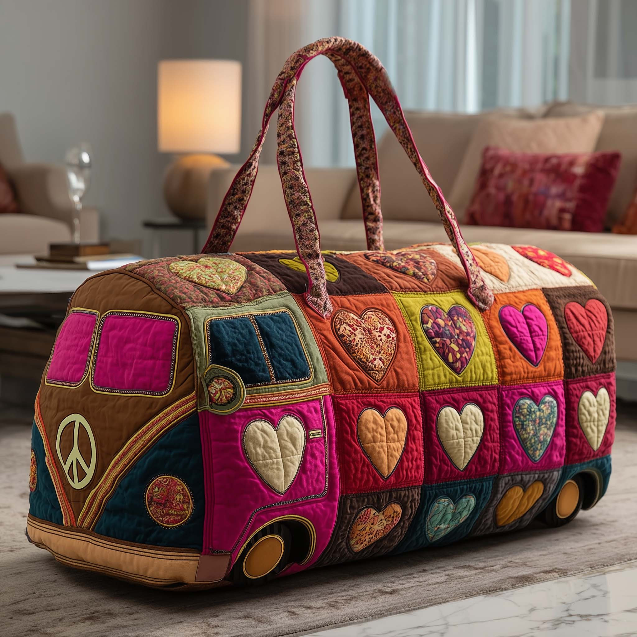 Sweet Journey Hippie Van Quilted Duffle Bag Patchwork Colorful Heart Travel Bag Best Gift For Hippie Lovers