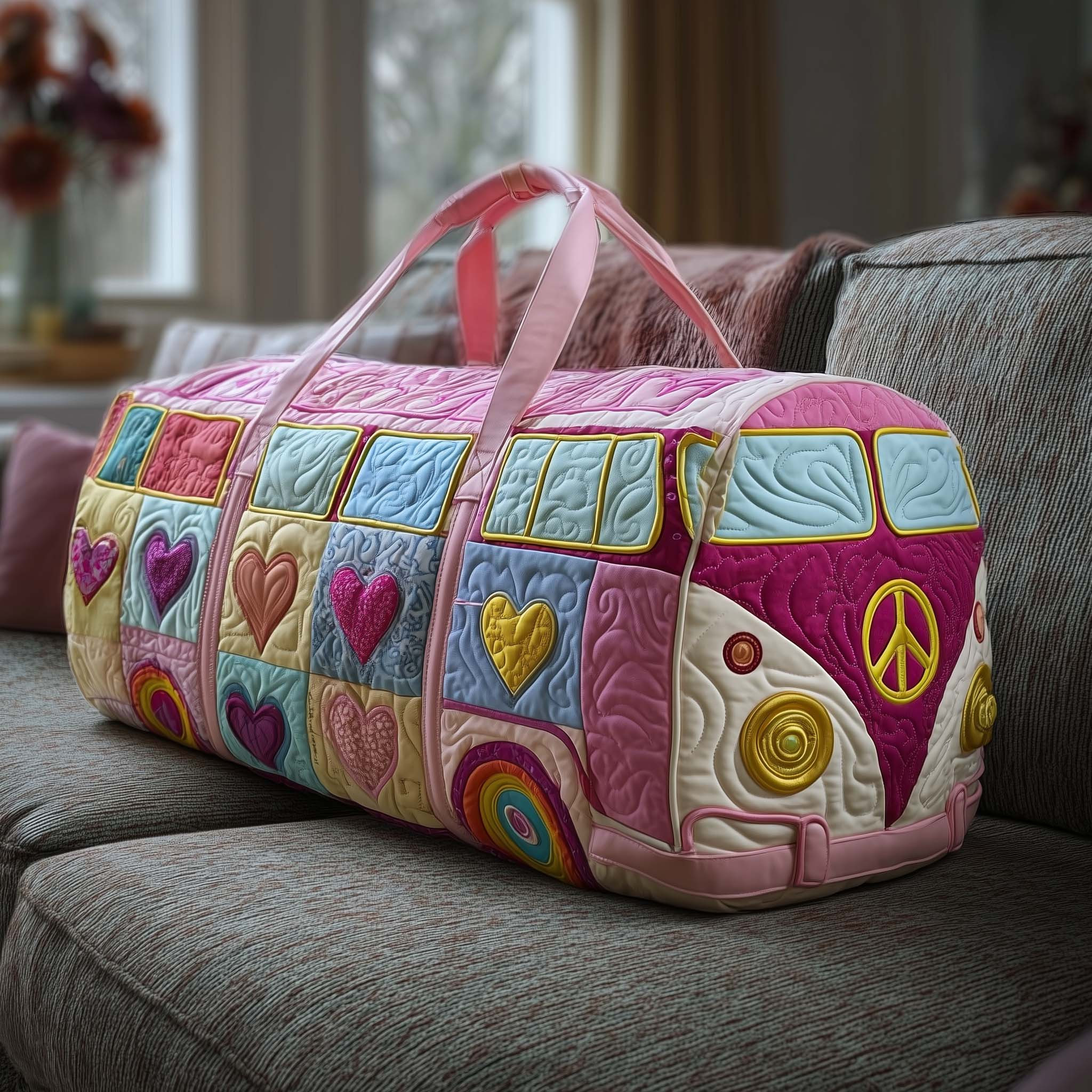 Sweet Journey Hippie Van Quilted Duffle Bag Pink Heart Pastel Best Gift For Girls