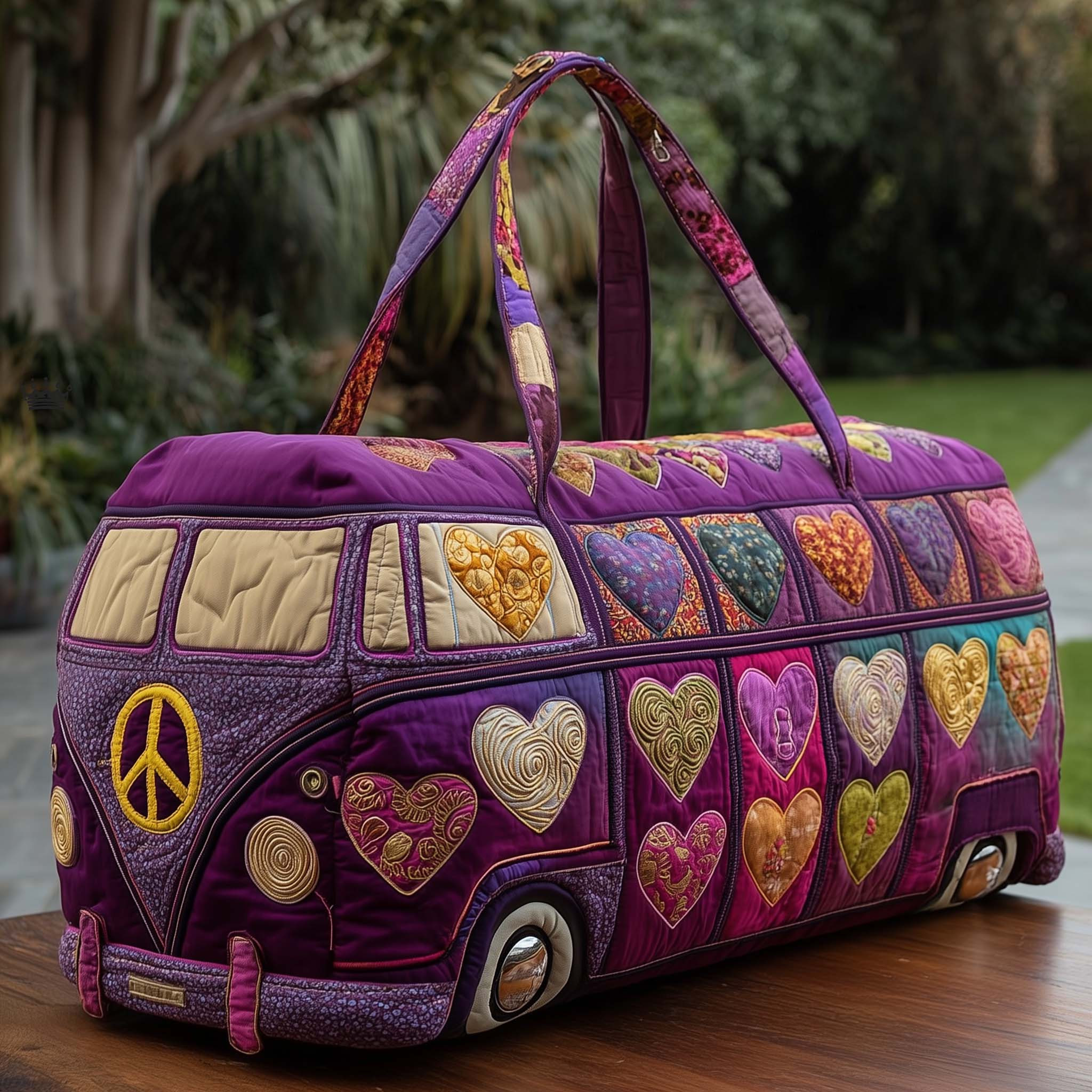 Sweet Journey Hippie Van Quilted Duffle Bag Purple Heart Boho Best Gift For Women