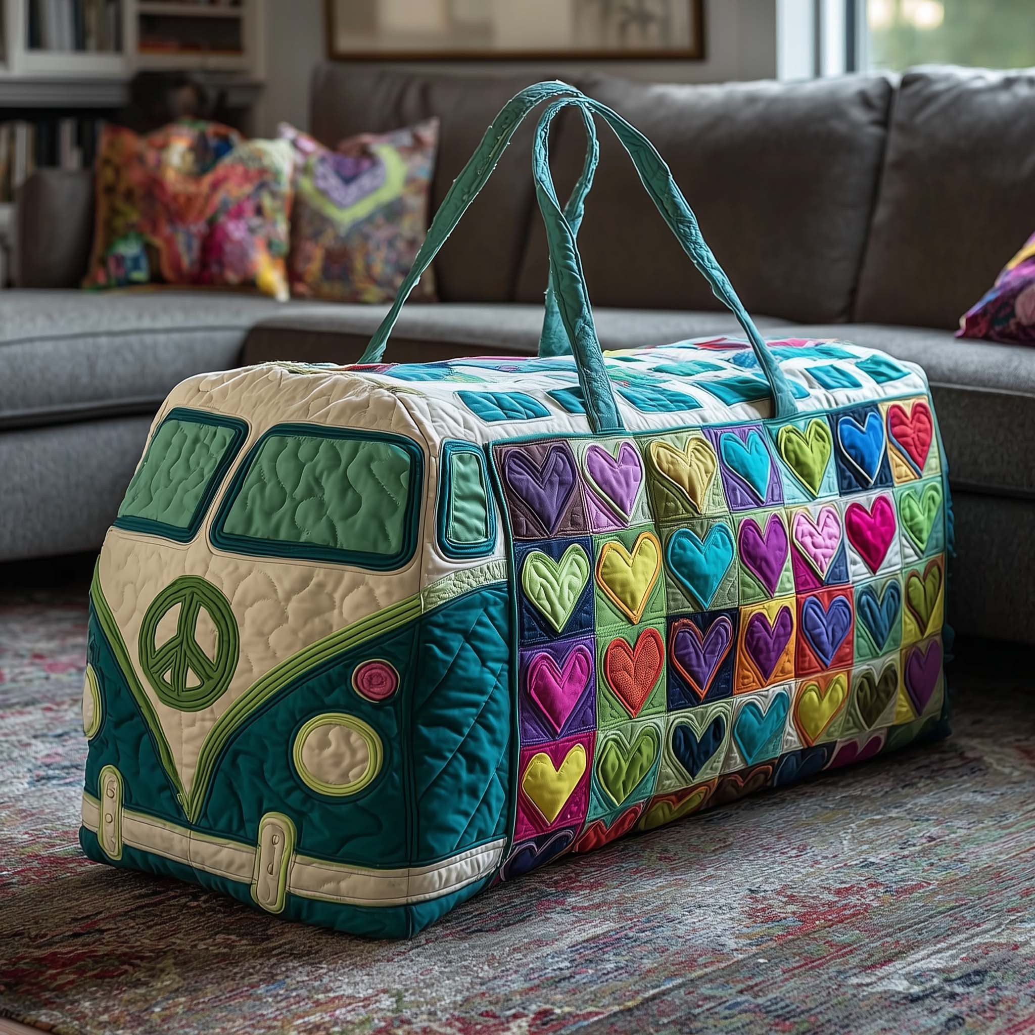 Sweet Journey Hippie Van Quilted Duffle Bag Rainbow Heart Patchwork Travel Bag Best Gift For Hippie Lovers