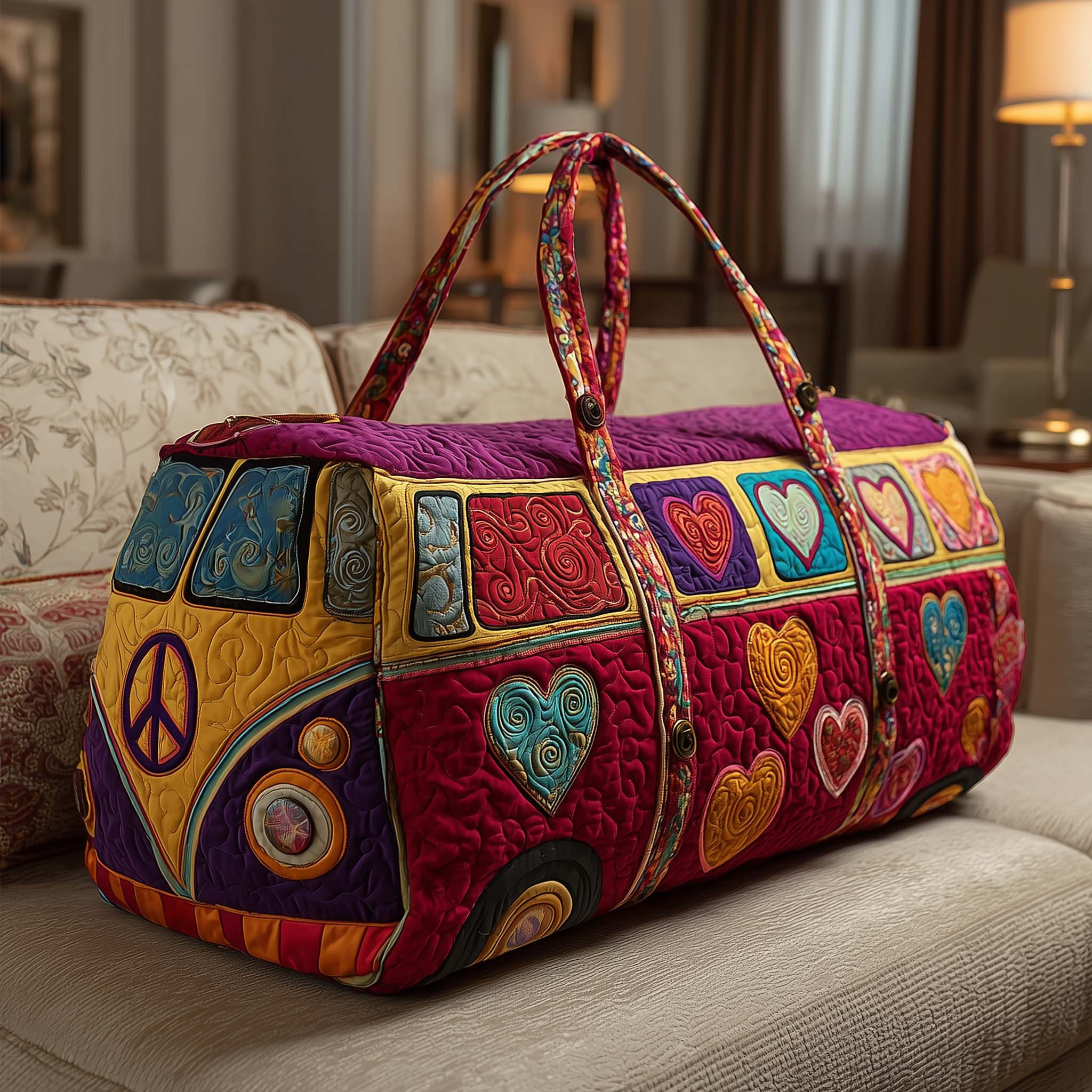 Sweet Journey Hippie Van Quilted Duffle Bag Red Heart Colorful Best Gift For Her