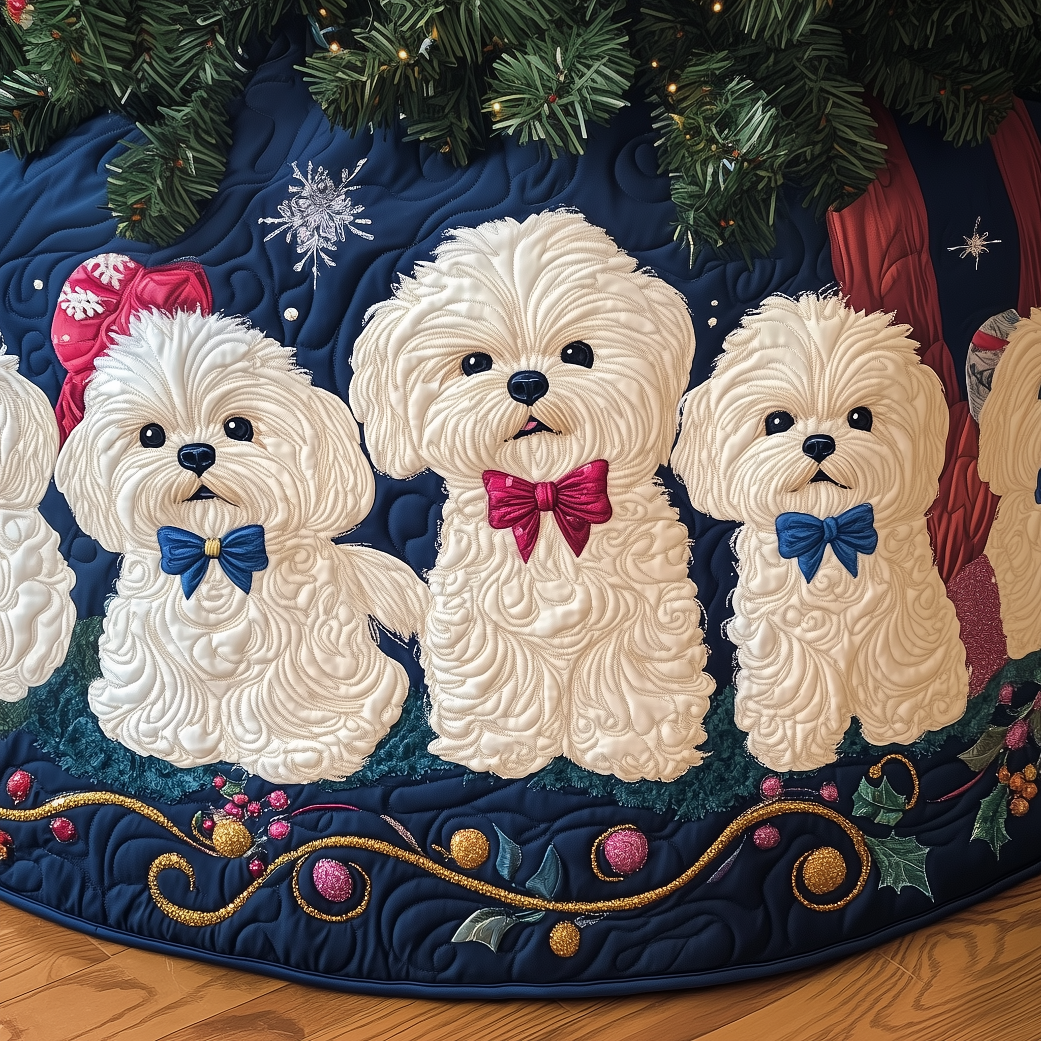 Sweet Maltese Christmas Tree Skirt Quilted White Dog Pattern Holiday Decor Perfect Gift