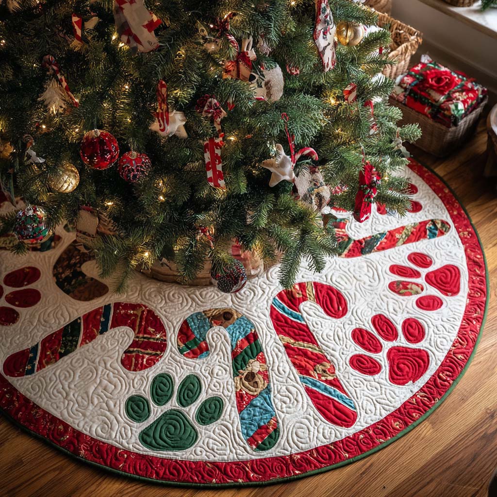 Sweet Paws Christmas Quilted Tree Skirt Holiday Home Decor Animal Lovers Presents