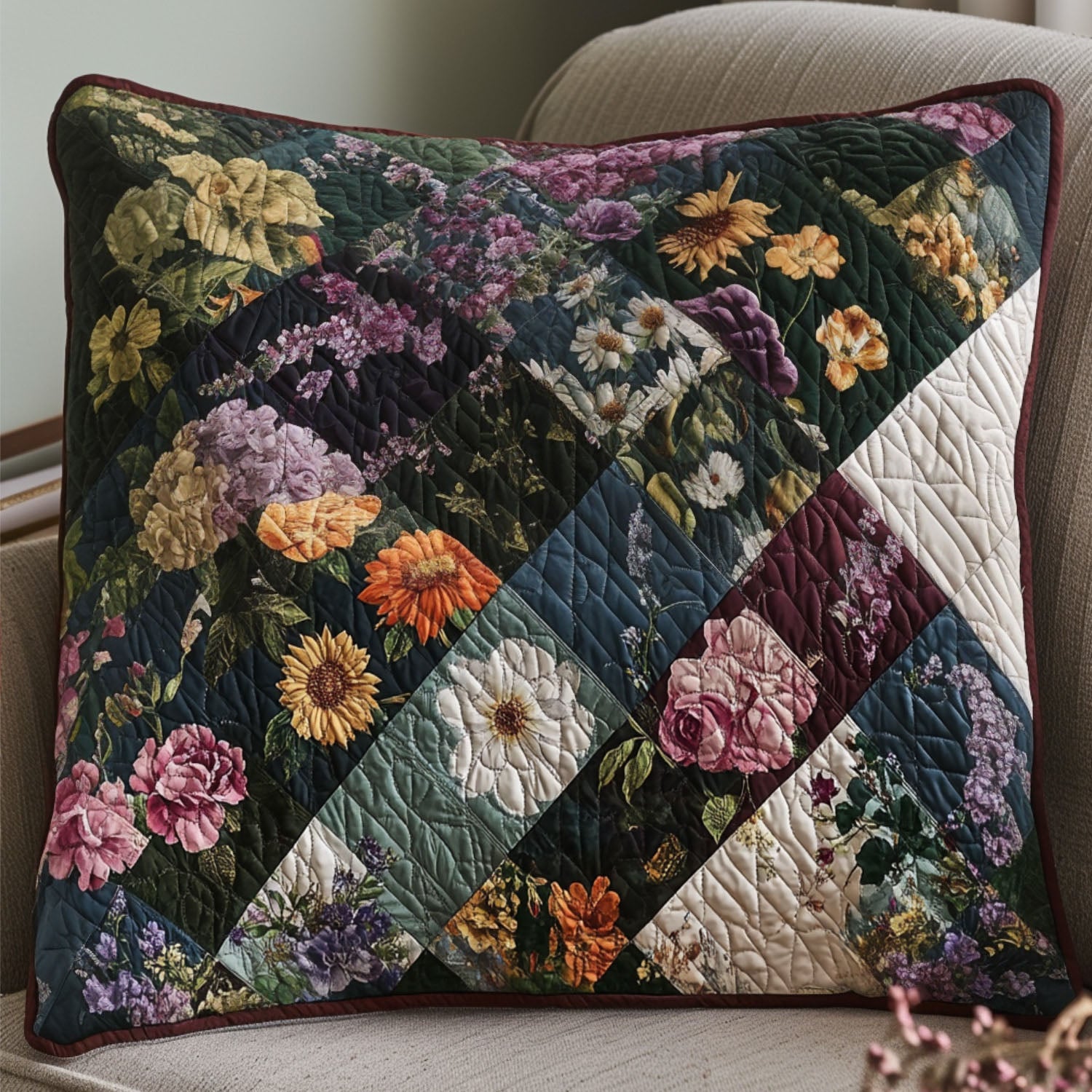 Sweet Petals Patchwork Quilted Pillow Case Holiday Pillow Cases Best Gifts For Flower Lovers