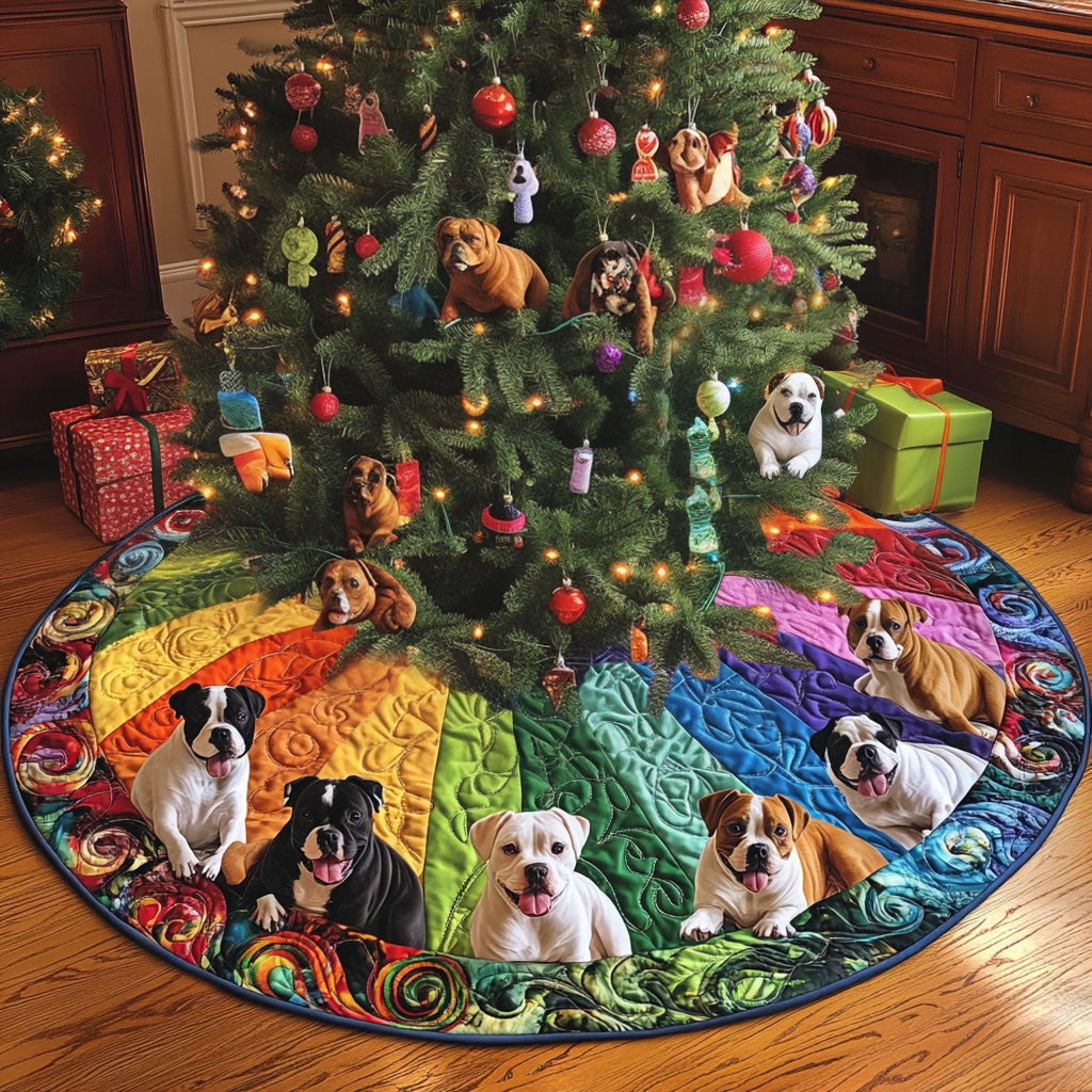 Sweet Pitbull Guardians Quilted Christmas Tree Skirt Classic Red and White Tree Skirt for Traditional Decor