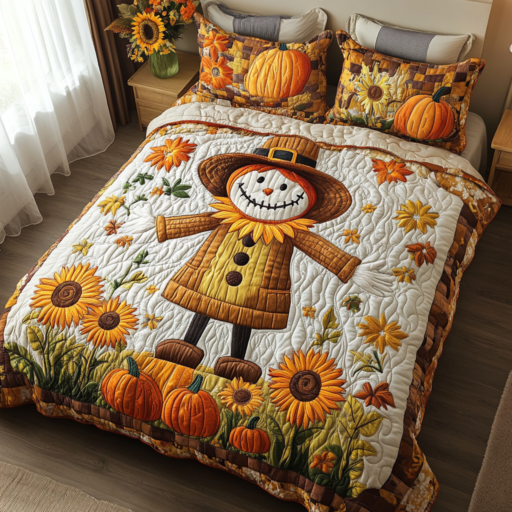 Sweet Scarecrow Quilted Bedding Set Cute Bedroom Decor Autumn Gifts Items