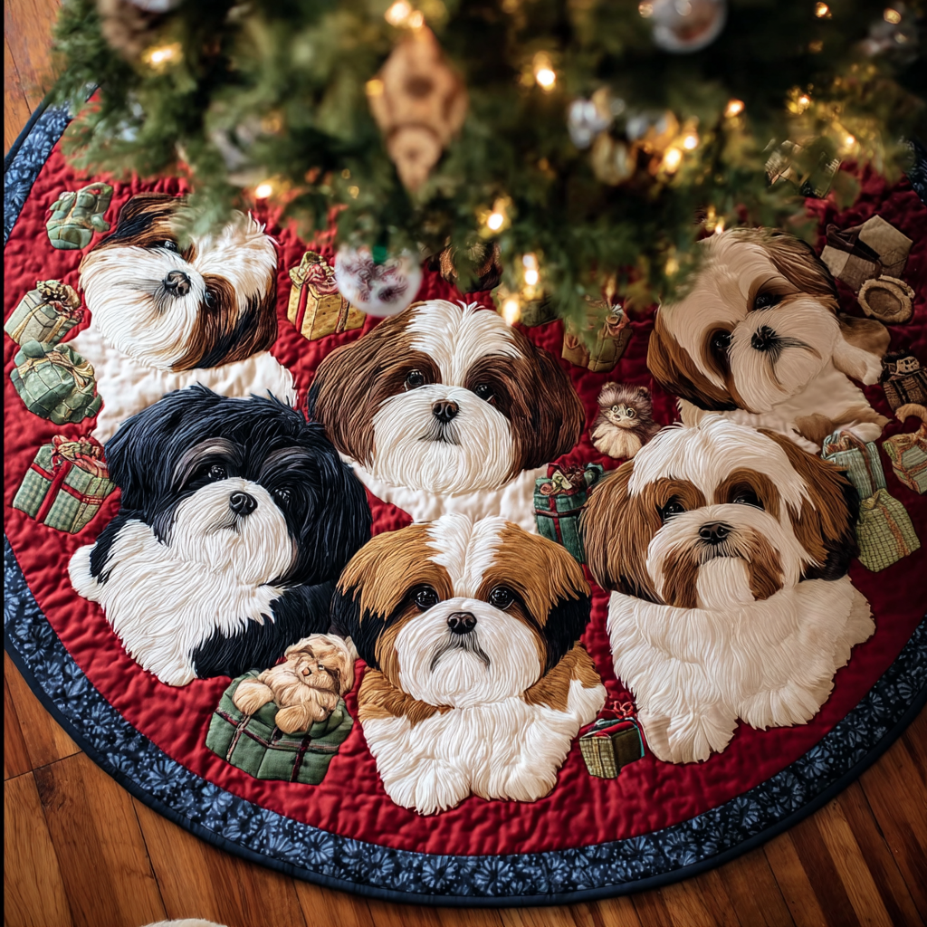 Sweet Shih Tzu Christmas Quilted Tree Skirt Xmas Home Decor Dog Gifts For Dog Lovers