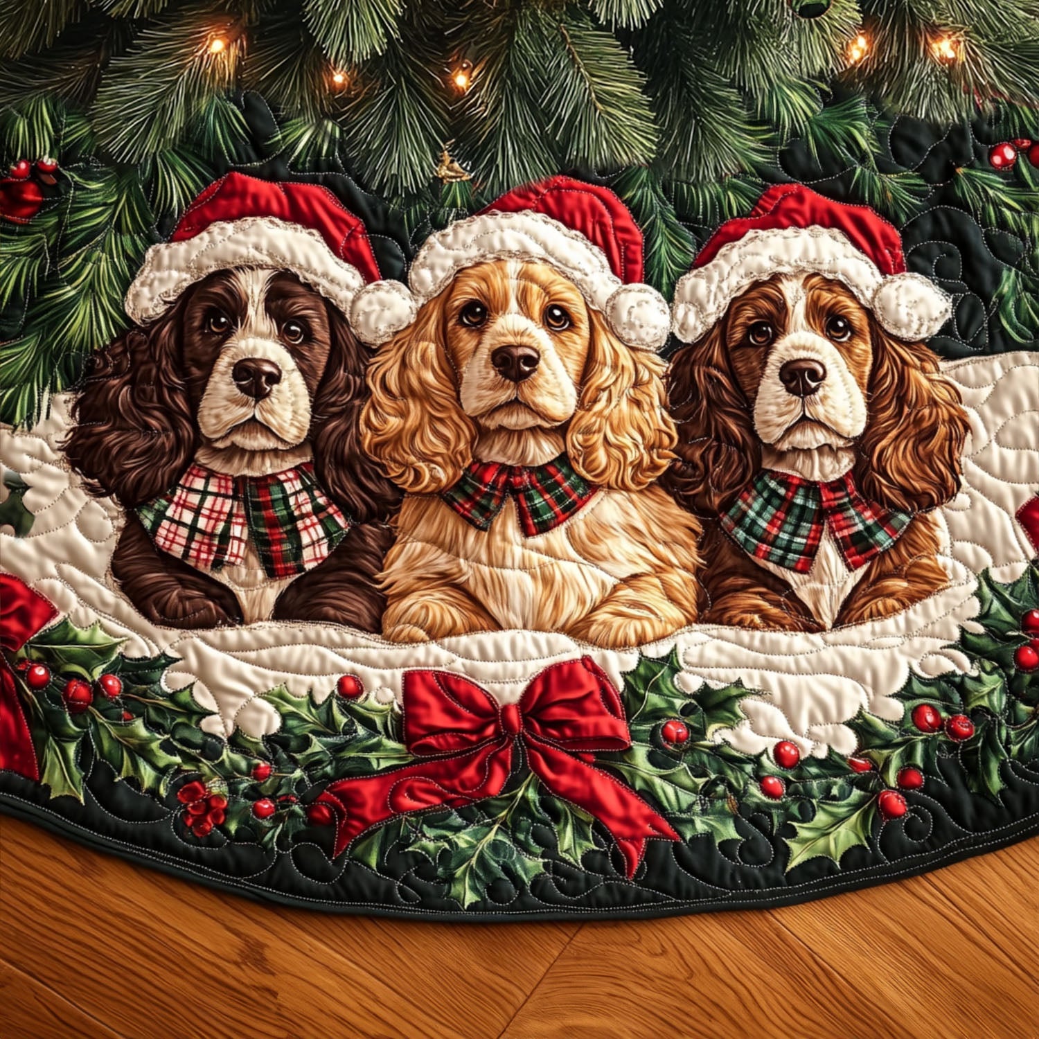 Sweet Spaniel Quilted Christmas Tree Skirt Christmas Holiday Living Room Decor Home