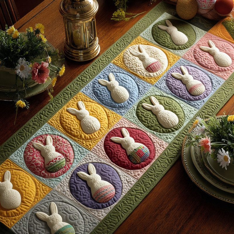 Sweet Spring Hoppers Quilted Table Runner Easter Bunny Table Decor Gift For Easter Lovers