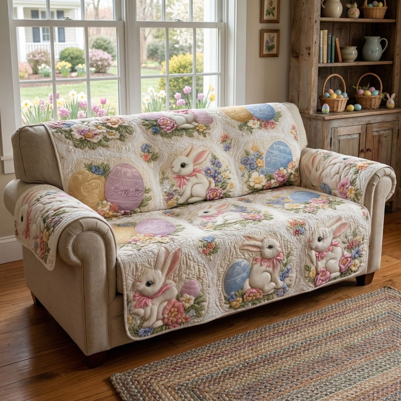 Sweet Spring Rabbits Quilted Sofa Cover Easter Bunny Furniture Decor Gift For Easter Lovers
