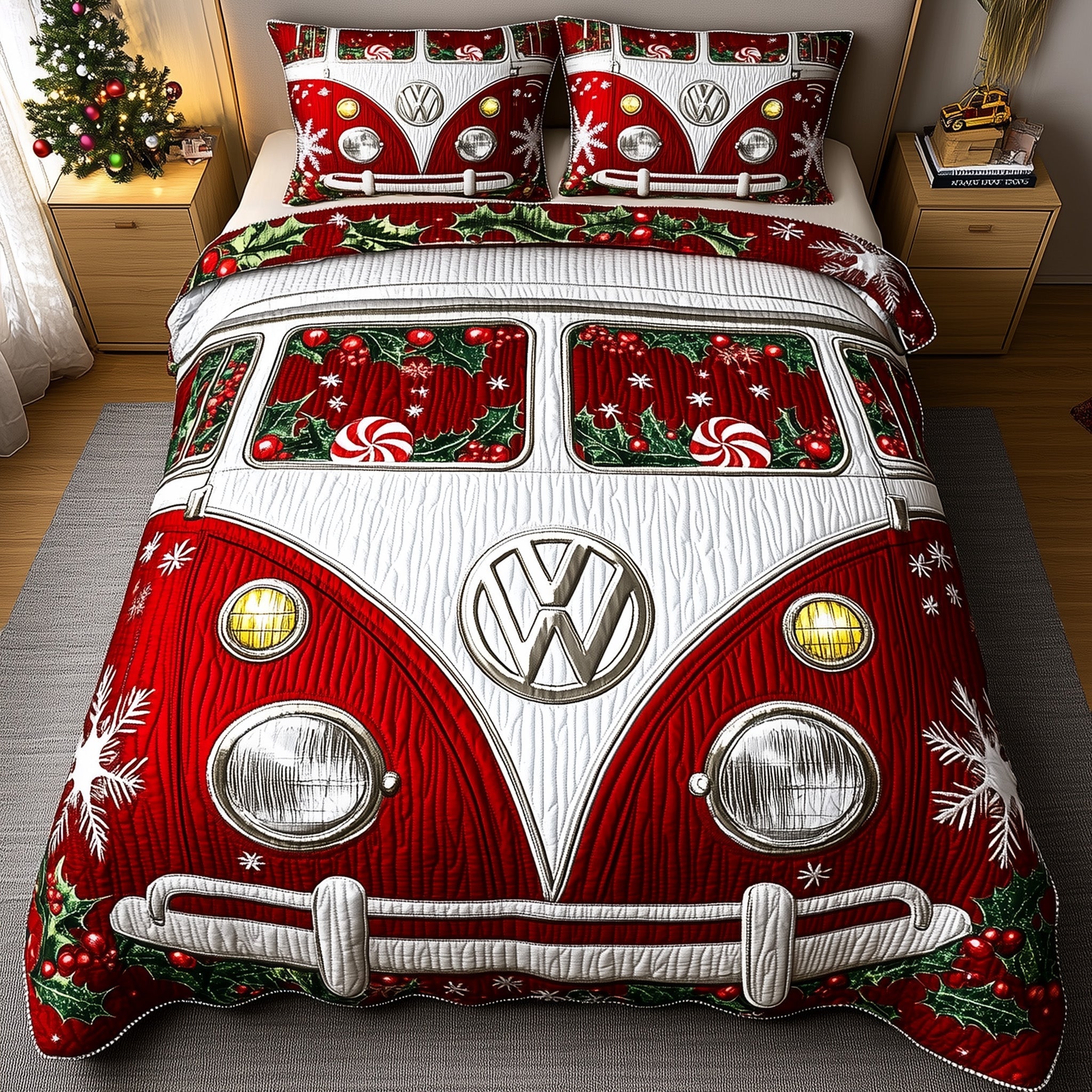 Sweet Stripe Quilted Bedding Set Christmas Safe Drive Decor Xmas Bedding Gifts