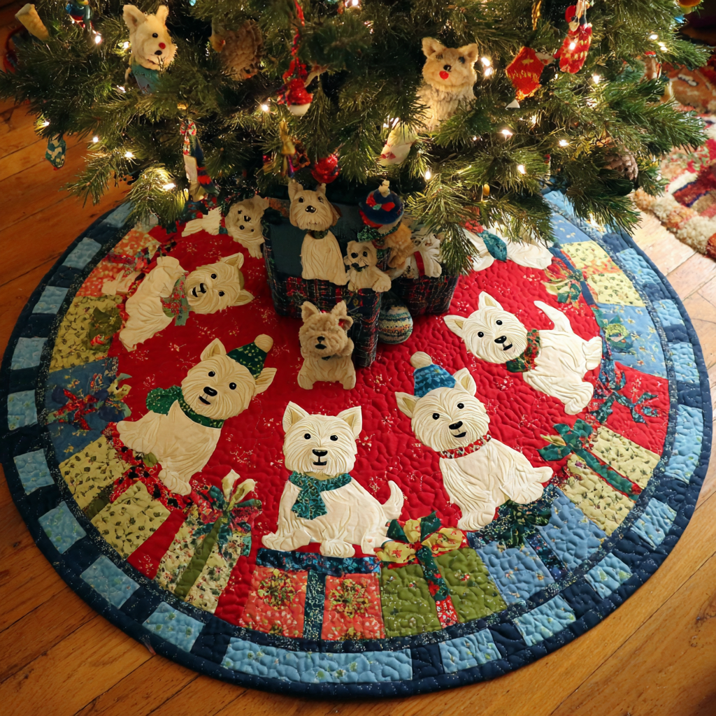 Sweet West Highland Terrier Christmas Quilted Tree Skirt Xmas Home Decor Yorkshire Terrier Products