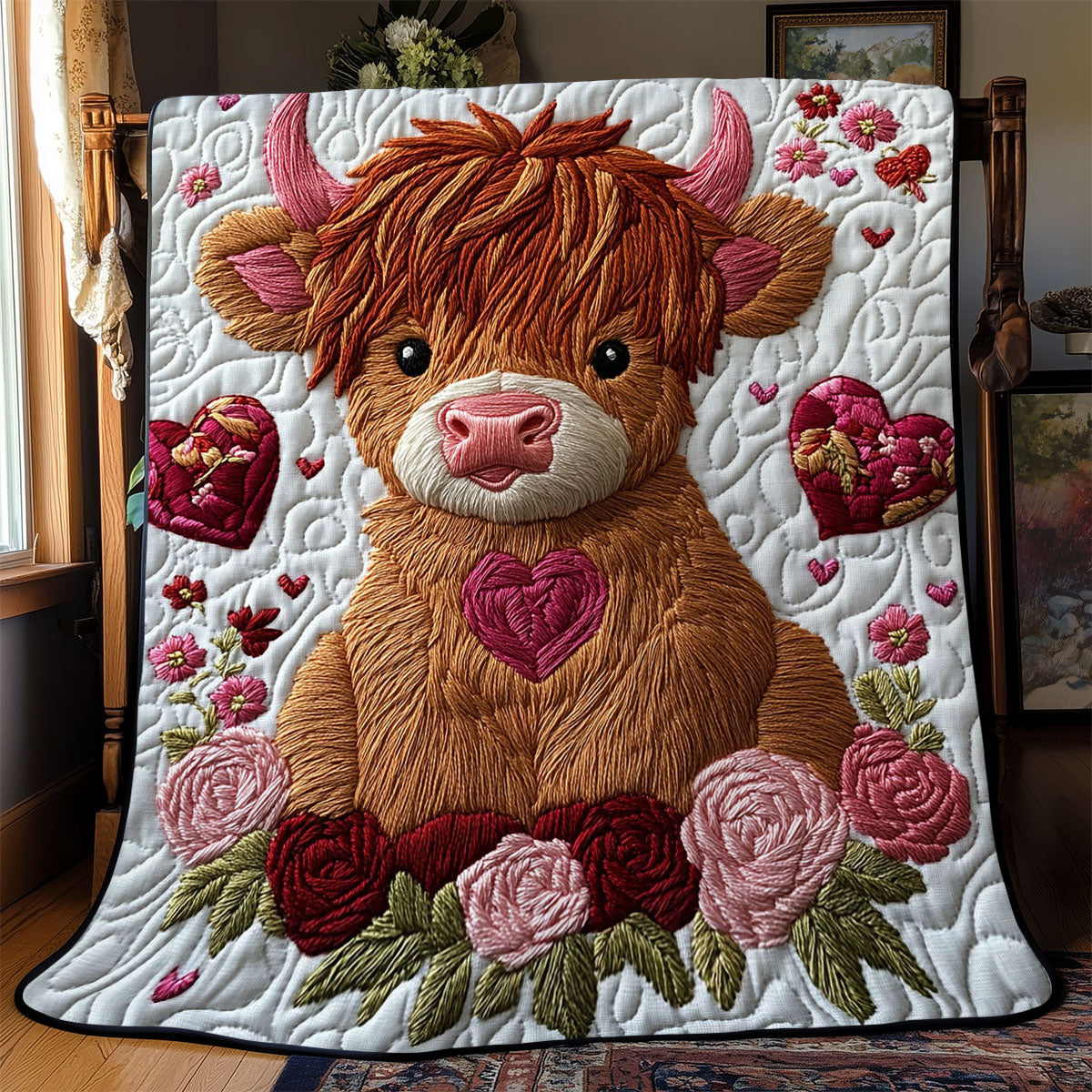 Sweetheart Highland Cow Quilt Premium Quilt Blanket to Enhance Bedroom Comfort