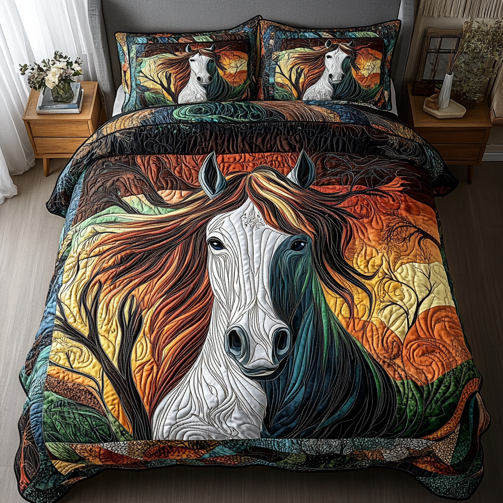 Swift Stallion Quilted Bedding Set Bed Room Decoration Best Gifts Horse Lovers