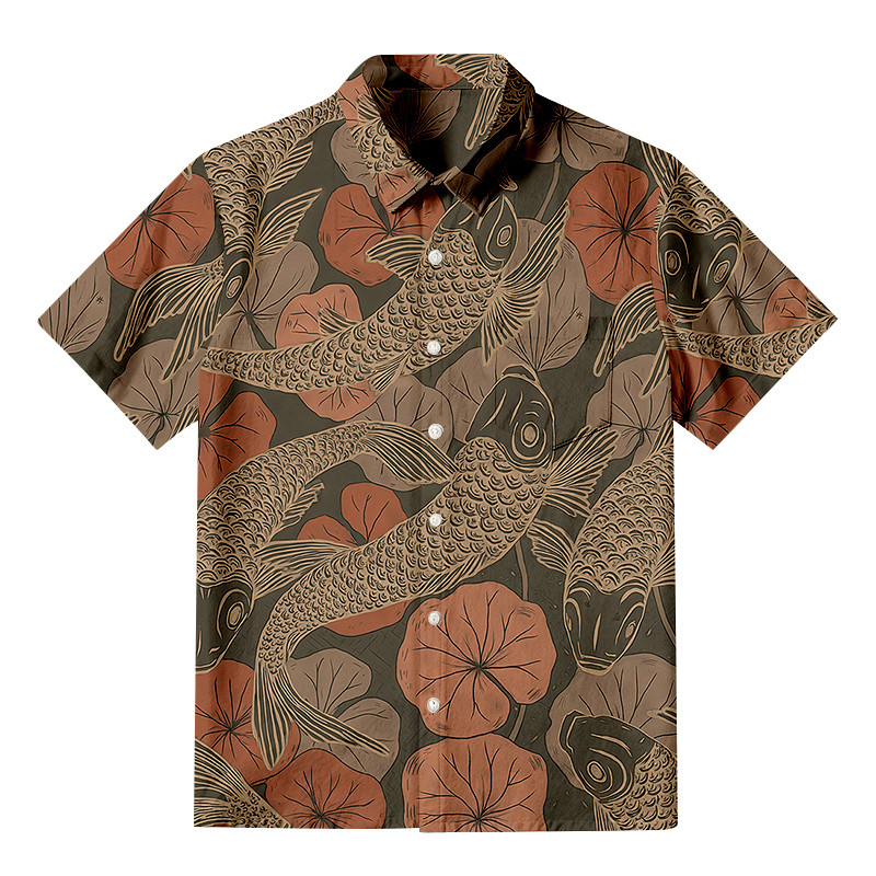 Swimming Koi Aloha Button Up Shirt Vintage Style Japanese Art Shirt Gifts For Father