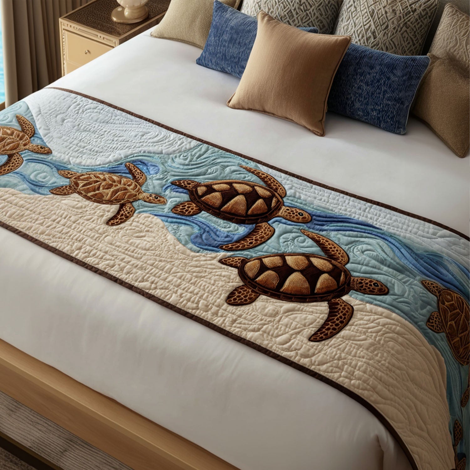 Swimmy Shell Quilted Bed Runner Cozy Bedroom Decor Sea Turtle Themed Gifts