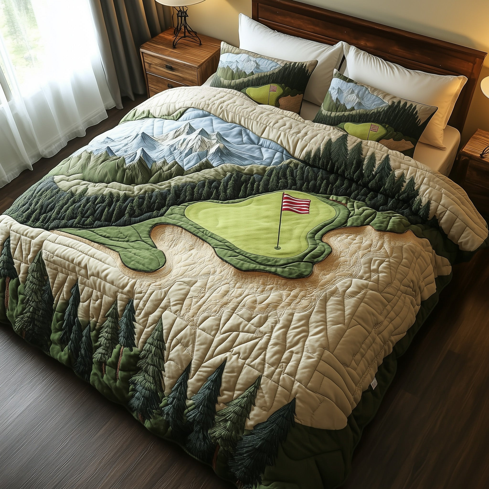 Swing Retreat Quilted Bedding Set Rustic Swing Scene Decor Golfing Bedding Presents