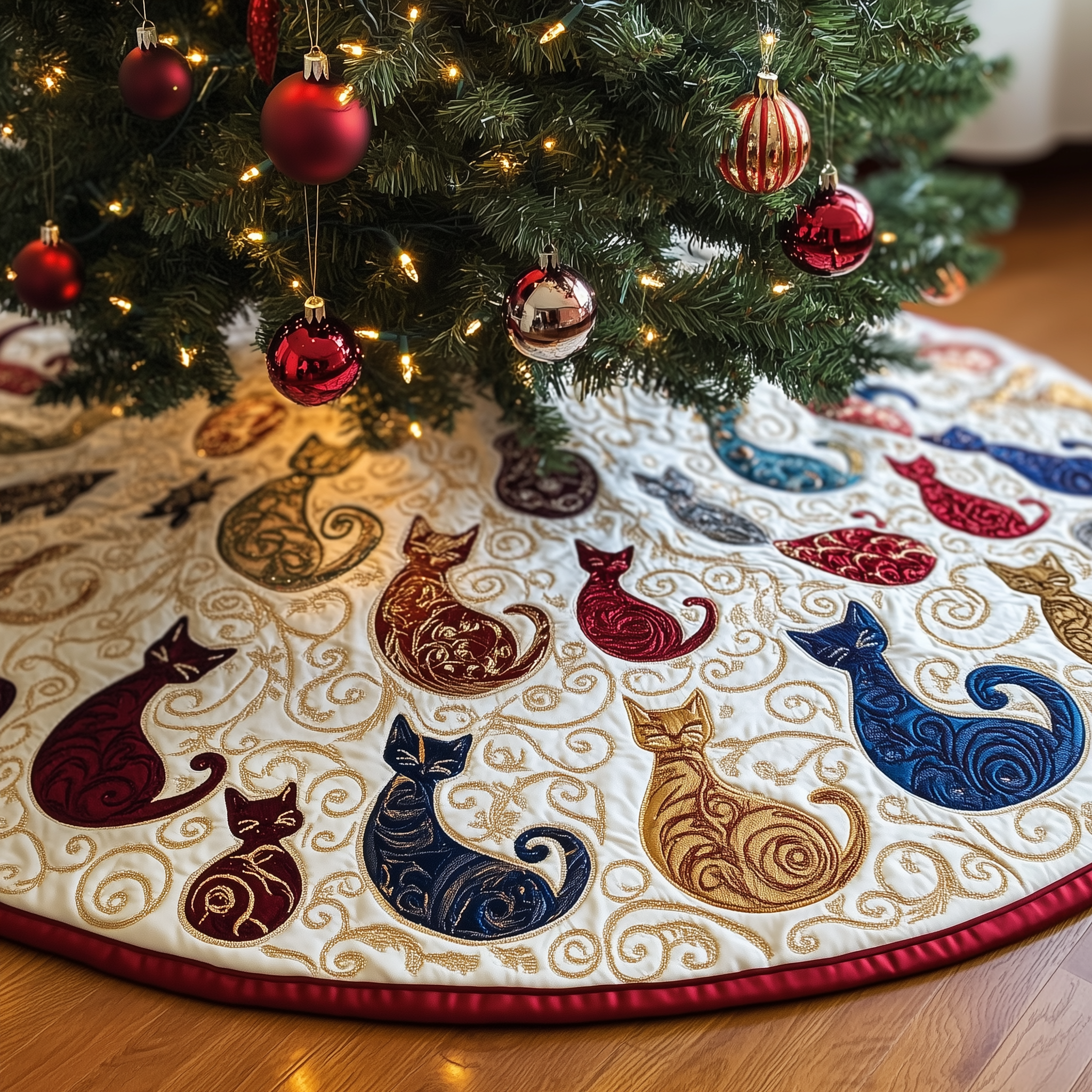 Swirl Cat Quilted Tree Skirt Cute Xmas Tree Skirts Christmas Gifts From Daughter To Mother